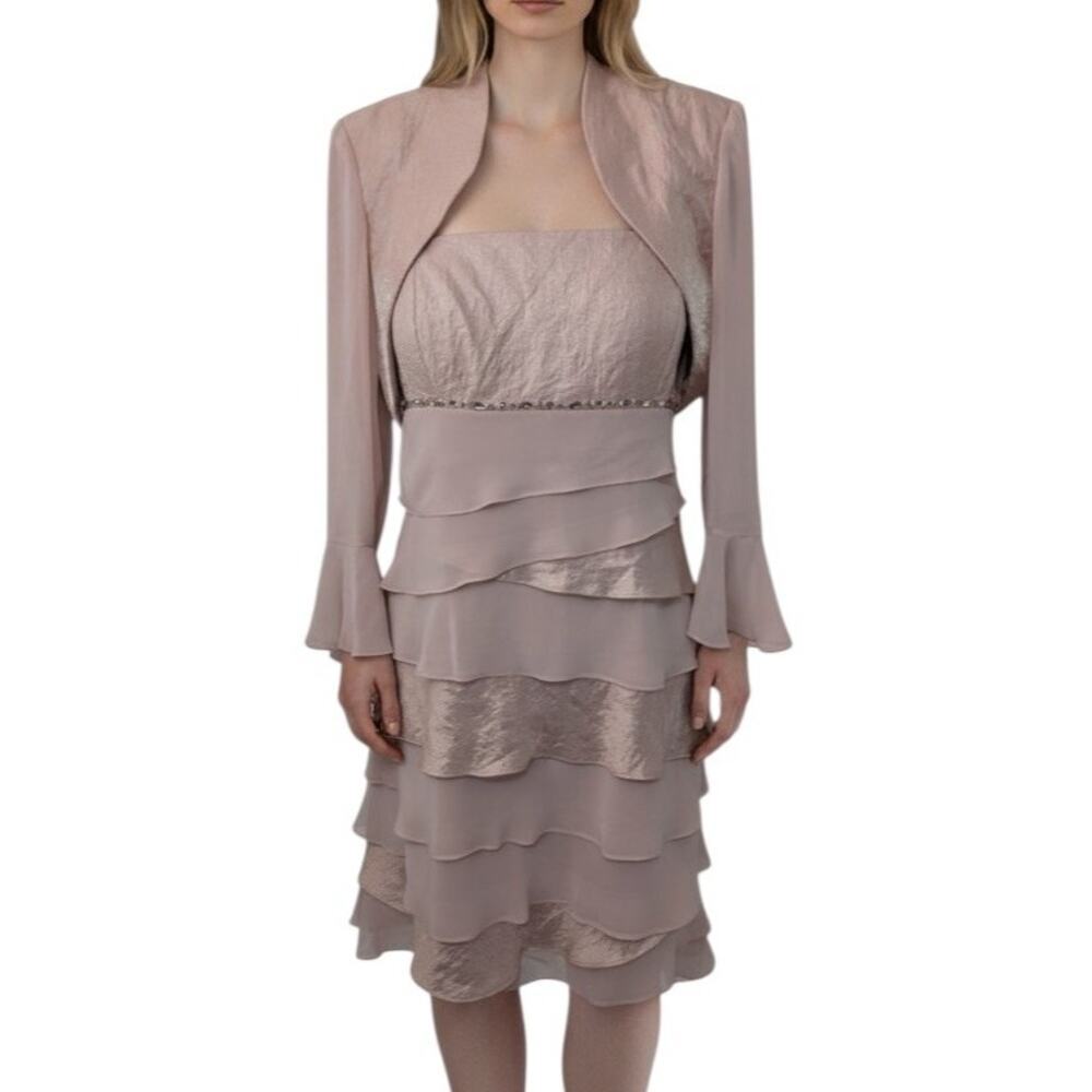 NWOT! S.L. FASHIONS! CHAMPAGNE PINK/BEIGE 2PC JACKET & TIERED DRESS SET! SZ 10